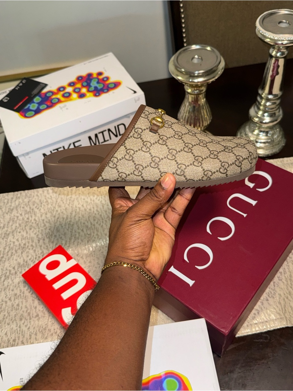 Gucci Brown GG Canvas Slip-On Mule with Gold Horsebit men  and women